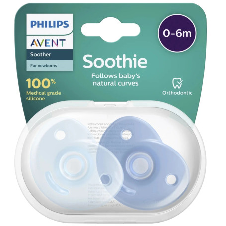 Philips Avent – Sucettes en Silicone Soothie Bleu (0-6 mois) – Lot de 2