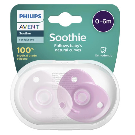 Philips Avent – Sucettes en Silicone Soothie Rose (0-6 mois) – Lot de 2