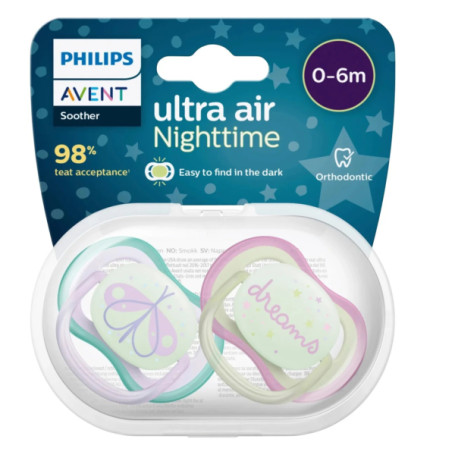 Philips Avent Sucette Ultra Air Night Vert et Rose 0-6 Mois 2 pièces