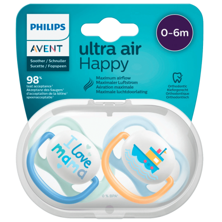 Philips Avent Sucette Ultra Air Happy 2 Pièces (Age : 0 à 6 mois/Bleu/Jaune)