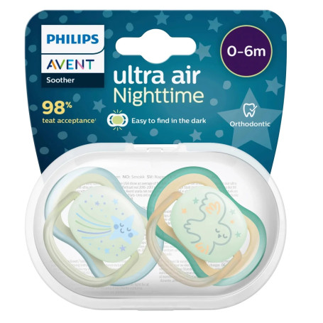 Philips Avent Sucette Ultra Air Night Vert et Blanc 0-6 Mois 2 pièces