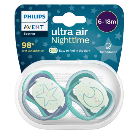 Philips Avent Sucette Ultra Air Nuit avec Panneau Lumineux 2 Pièces Age : 6 à 18 mois